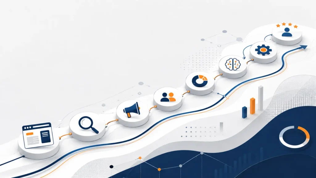 Stylized digital strategy roadmap with icons for search, marketing, audience, analytics, AI, operations, and growth.