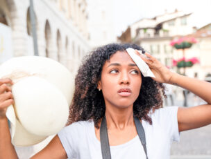 Afro woman stressed by heatwave summer in the city