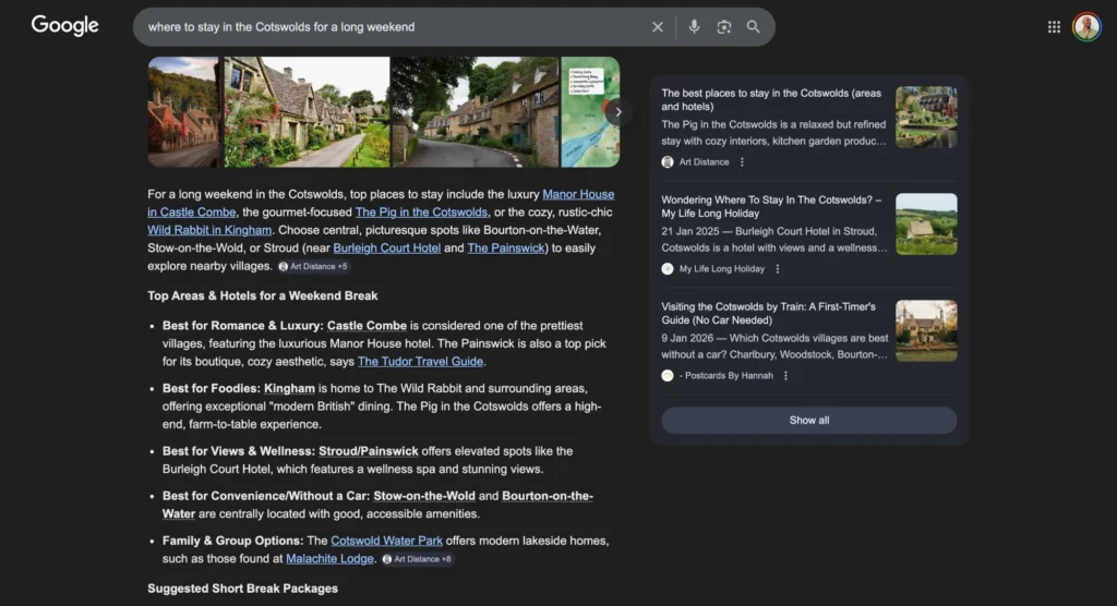 Google AI Overview results for "where to stay in the Cotswolds for a long weekend" showing AI-generated hotel recommendations