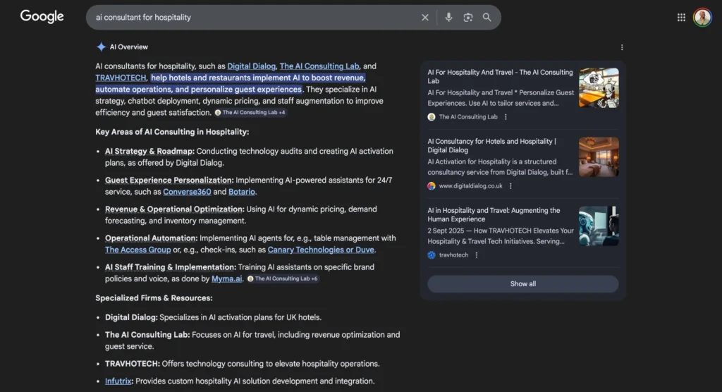 Google AI Overview for "AI consultant for hospitality" showing Digital Dialog cited alongside others.