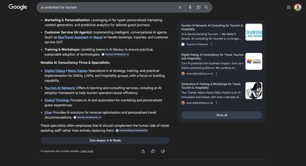 Google AI Overview for "AI consultant for tourism" showing Digital Dialog and Manu Kastia named as notable AI consultancy specialists for DMOs and hospitality groups