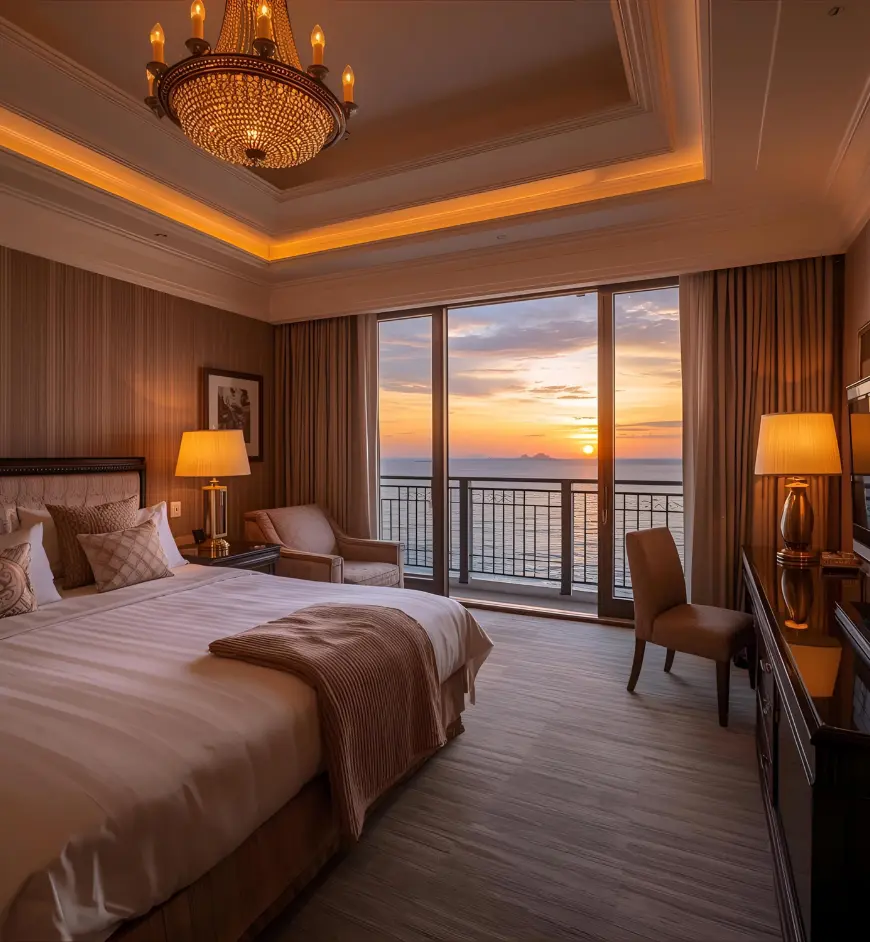 Luxury hotel bedroom with chandelier and floor-to-ceiling windows at sunset