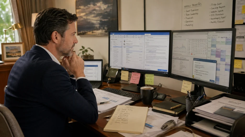 Independent hotel manager reviewing emails, reports, booking systems and an AI assistant, showing why hotels should start with workflows before choosing AI tools