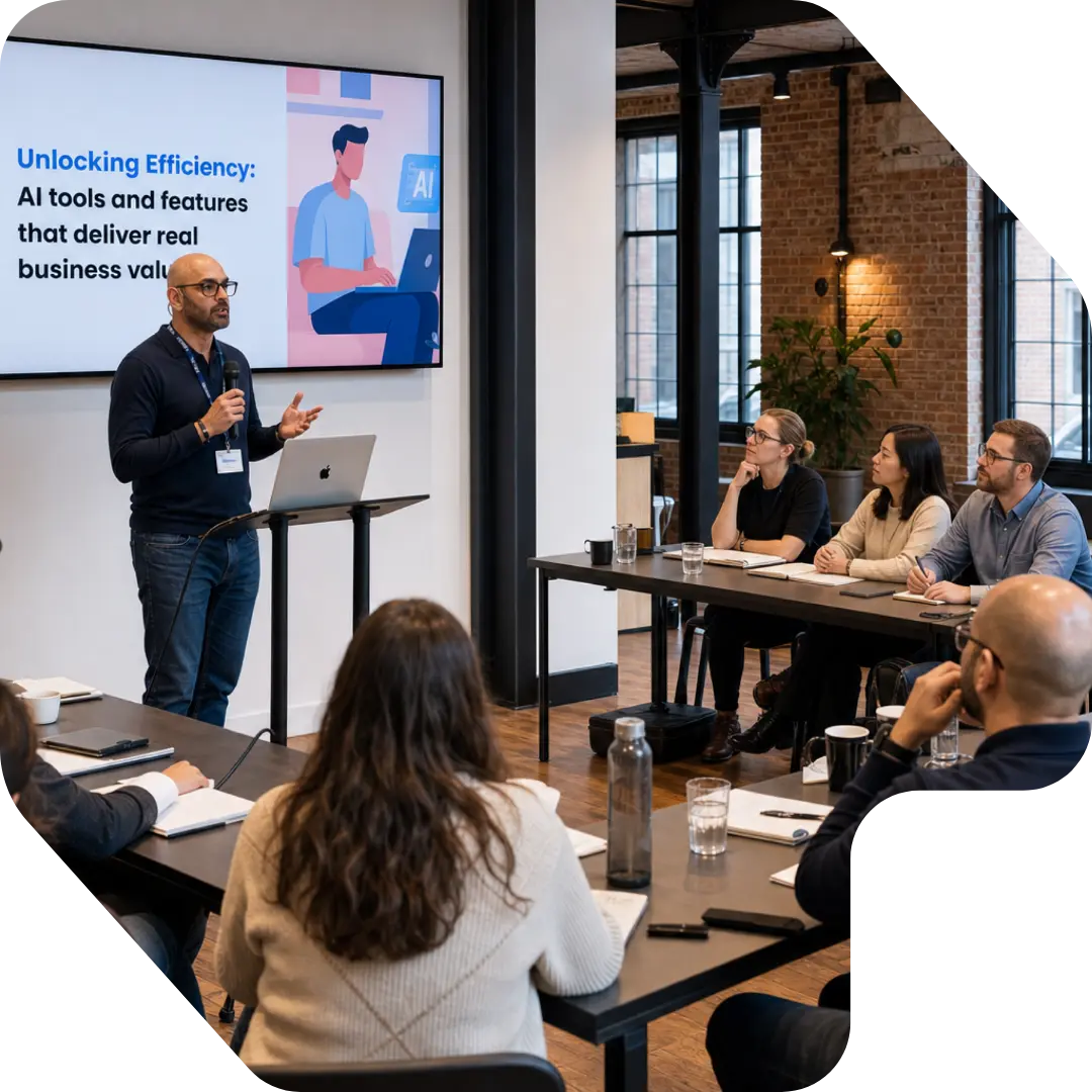 Trainer presenting a generative AI workshop to a group in a modern meeting room.