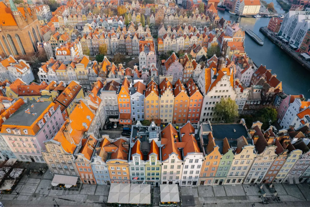 Aerial view of colourful buildings and waterfront in Gdansk Old Town, Poland