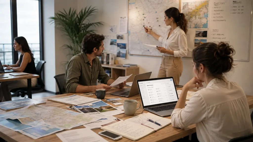 Team reviewing maps, travel documents and a digital itinerary in an office.