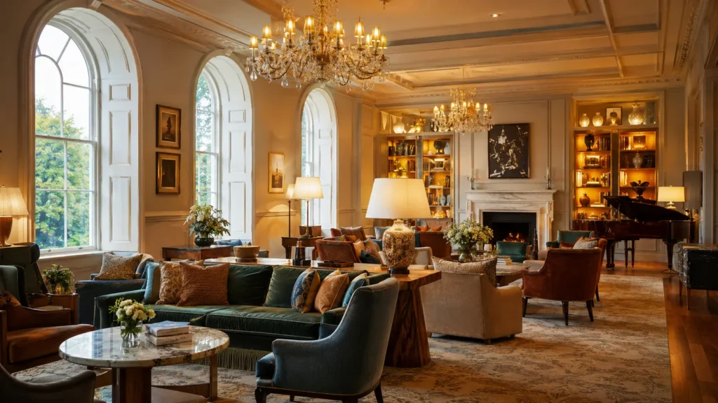 Elegant hotel lounge with chandeliers, arched windows, sofas, a fireplace and a grand piano.