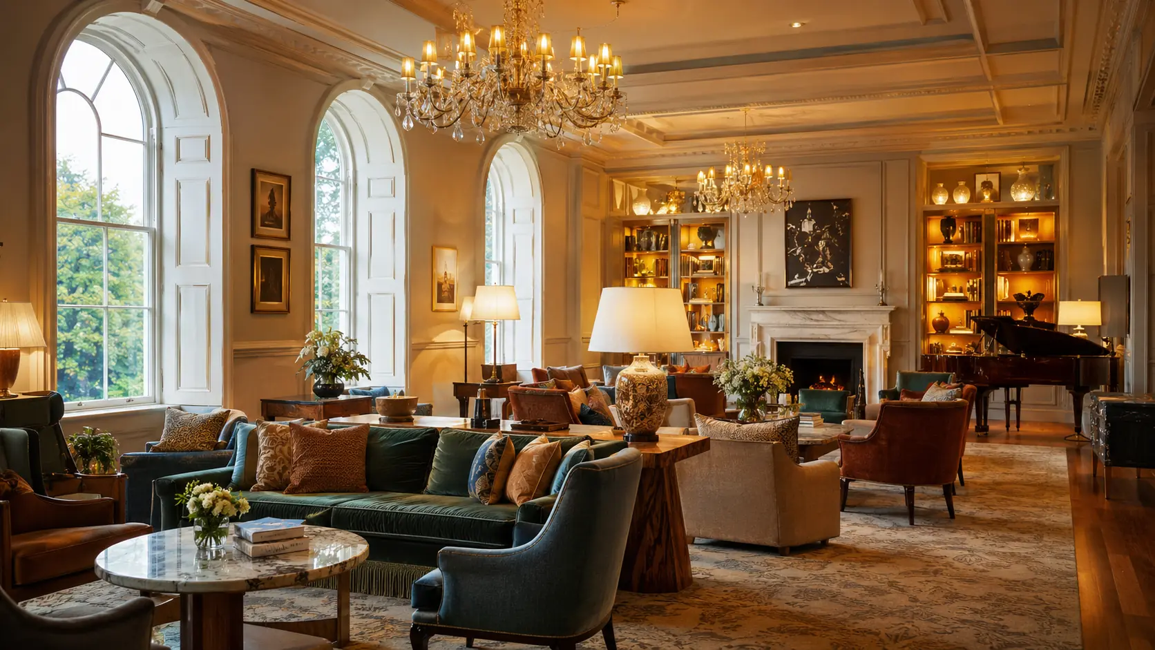 Elegant hotel lounge with chandeliers, arched windows, sofas, a fireplace and a grand piano.