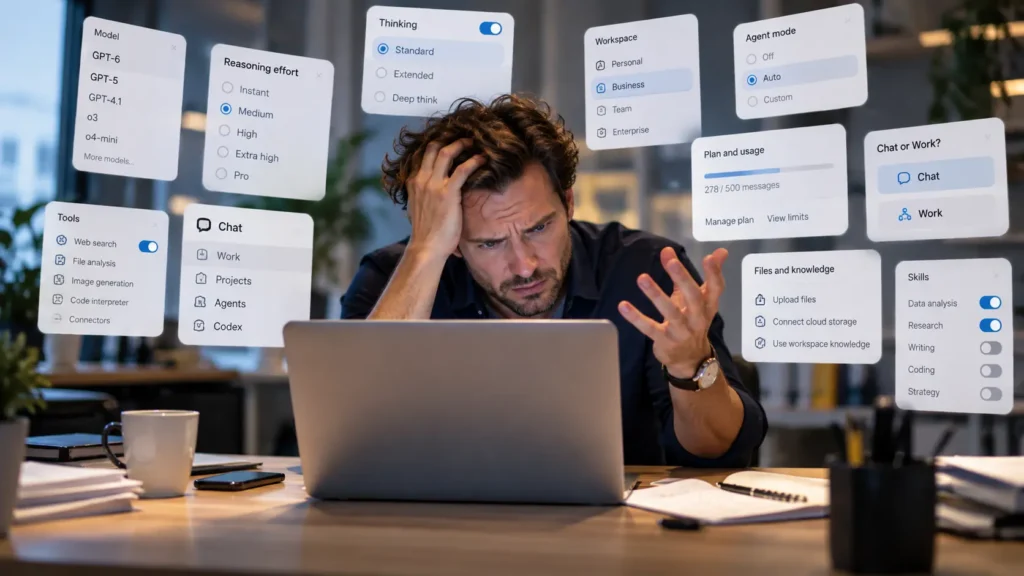Frustrated laptop user surrounded by numerous AI interface settings and options