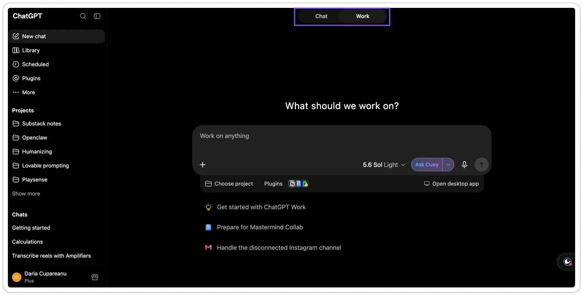 Dark ChatGPT interface with Chat and Work tabs, a project sidebar and central prompt box.