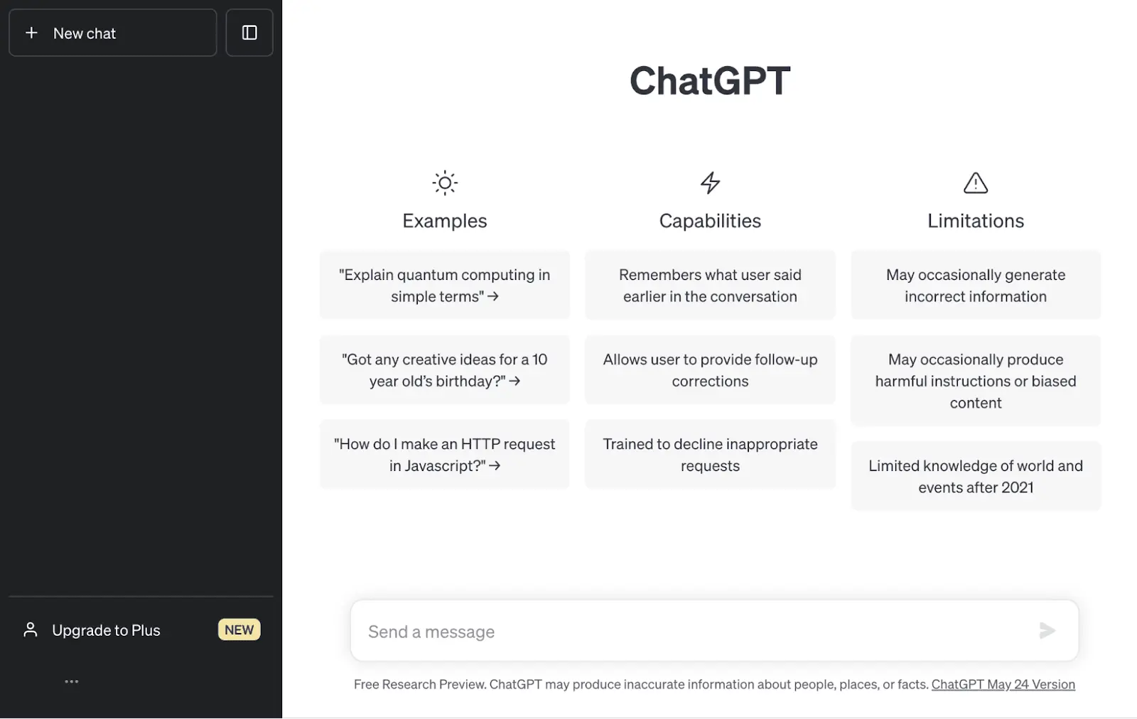 Early ChatGPT interface showing examples, capabilities, limitations and a message box.