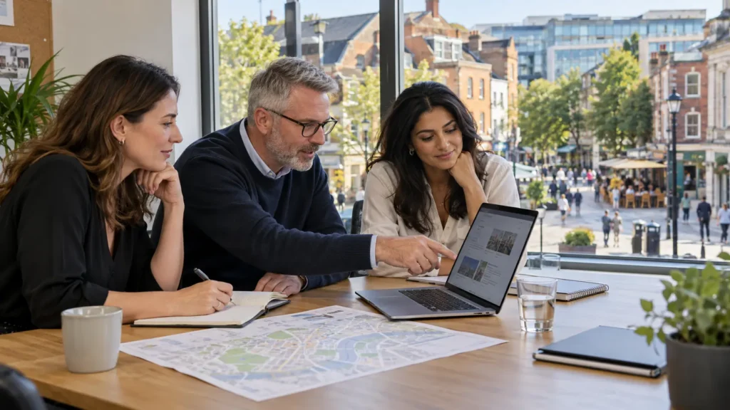 Three people reviewing a laptop beside a printed town map, with a town centre visible through the window.